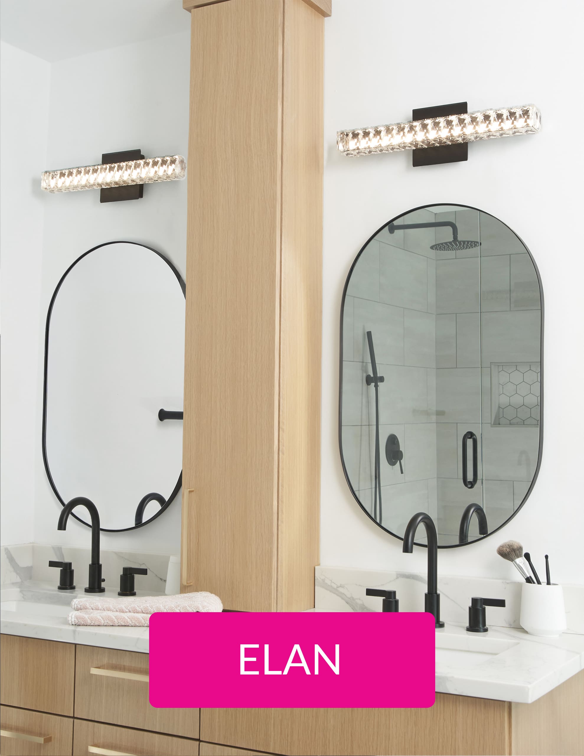 A wall with two mirros and two sinks with a pink button with the words ELAN