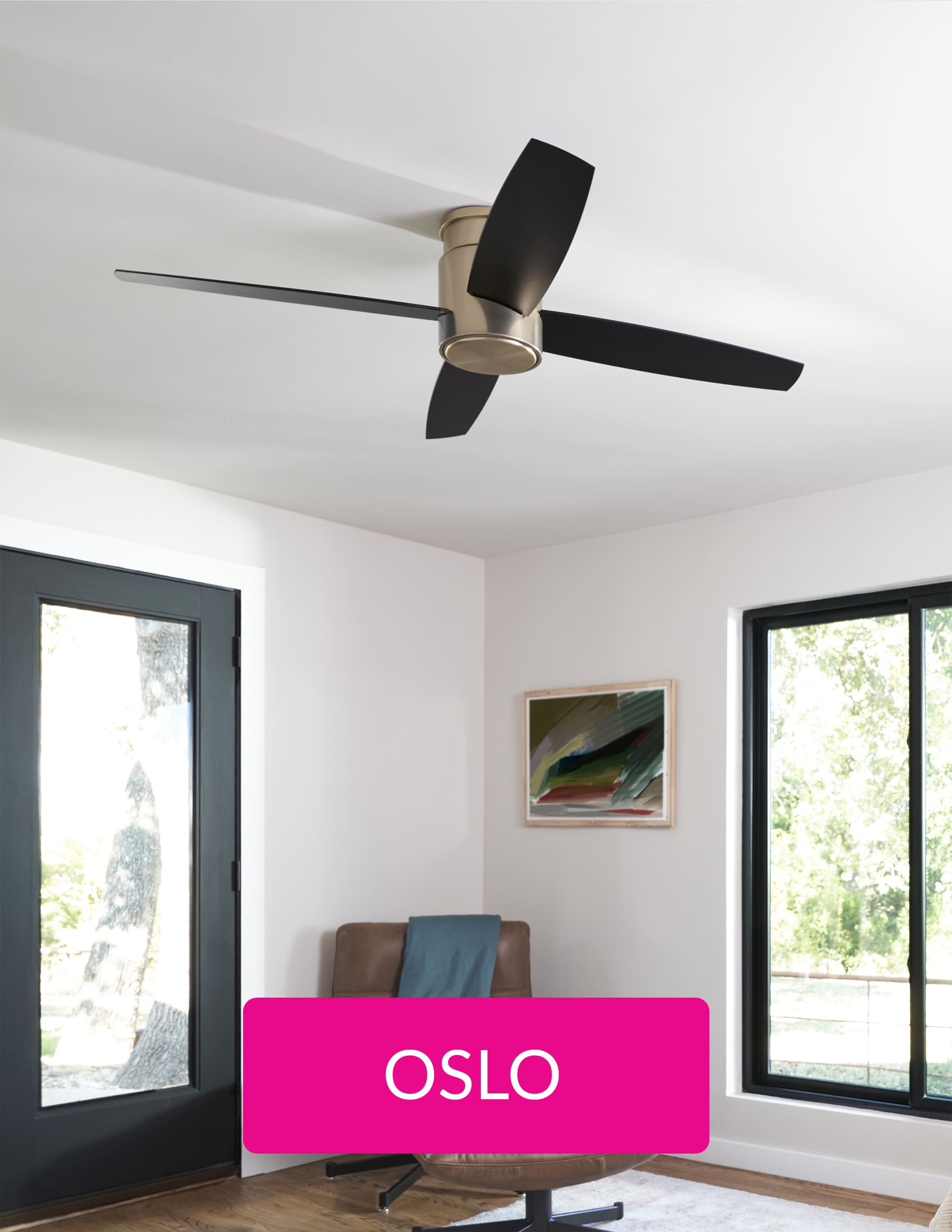 Corner of a room with a brown fan and a pink button with the words OSLO